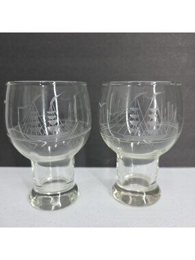 Vtg Nautical Clipper Ship Etched Clear Beer Glasses 12 Oz EUC Scooner Travel